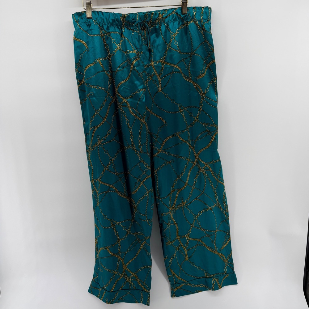 INC International Concepts Teal Green Satin Gold Chain Print Pajama Pants Large